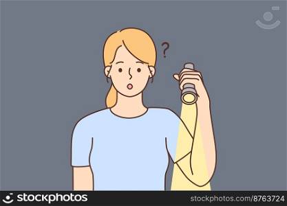 Confused young woman with light in darkness. Frustrated female hold flashlight lighten dark surroundings feeling questioned and troubled. Vector illustration. . Confused woman with light in darkness