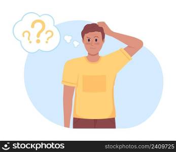 Confusion 2D vector isolated illustration. Questioning and pensive flat character on cartoon background. Uncertain guy scratching head colourful scene for mobile, website, presentation. Confusion 2D vector isolated illustration