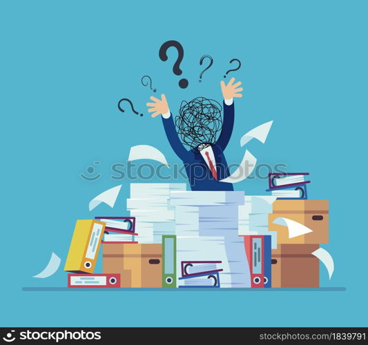 Confusion and mess. Stressed man working in office. Workplace with stacks of papers or folders. Cartoon tired confused worker sits at table. Tangled cords head and question signs. Vector illustration. Confusion and mess. Stressed man working in office. Workplace with papers or folders. Tired confused worker sits at table. Tangled cords head and question signs. Vector illustration