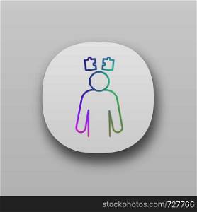 Confusion app icon. Solutions searching. Problem solving. Thinking. Troubled person. Stress symptom. UI/UX user interface. Web or mobile application. Vector isolated illustration. Confusion app icon