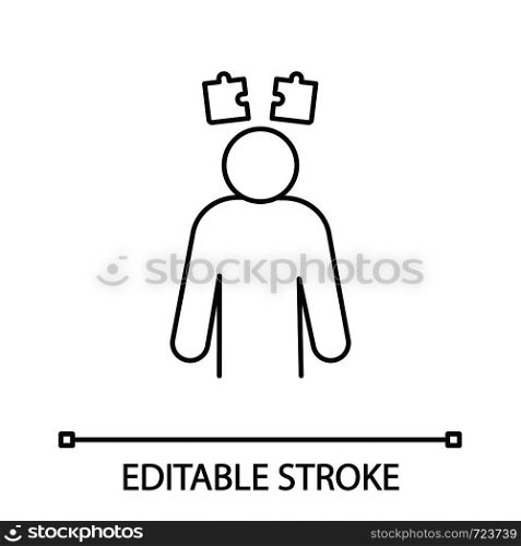 Confusion linear icon. Solutions searching. Thin line illustration. Problem solving. Thinking. Troubled person. Stress symptom. Contour symbol. Vector isolated outline drawing. Editable stroke. Confusion linear icon