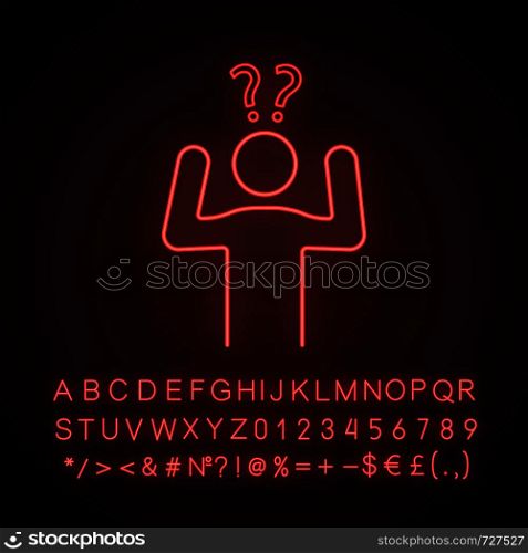 Confusion neon light icon. Making decisions. Indecision. A lot of questions. Indecisive person. Perplexity. Stress symptom. Glowing sign with alphabet, numbers, symbols. Vector isolated illustration. Confusion neon light icon
