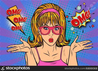 Confusion OMG glamour woman with glasses. Pop art retro vector illustration. Confusion OMG glamour woman with glasses