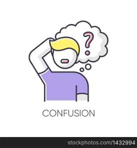 Confusion RGB color icon. Thinking of question. Man in doubt. Frustrated facial expression. Psychological problem. Mental health issue. Puzzled person. Memory loss. Isolated vector illustration. Confusion RGB color icon