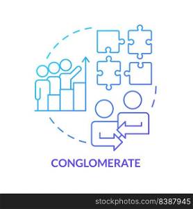Conglomerate business merger blue gradient concept icon. Different areas integration. Merger type abstract idea thin line illustration. Isolated outline drawing. Myriad Pro-Bold fonts used. Conglomerate business merger blue gradient concept icon