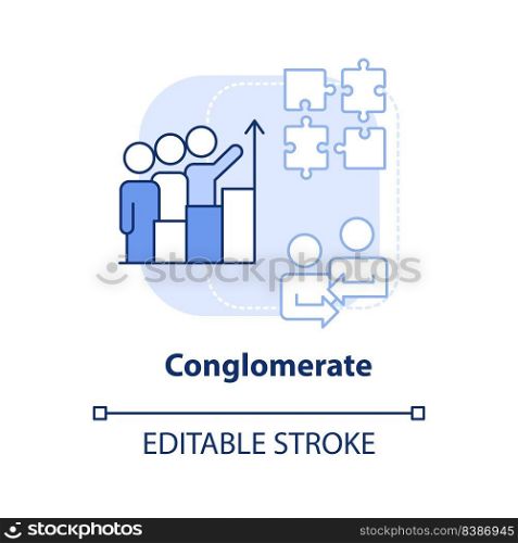 Conglomerate business merger light blue concept icon. Different areas integration abstract idea thin line illustration. Isolated outline drawing. Editable stroke. Arial, Myriad Pro-Bold fonts used. Conglomerate business merger light blue concept icon