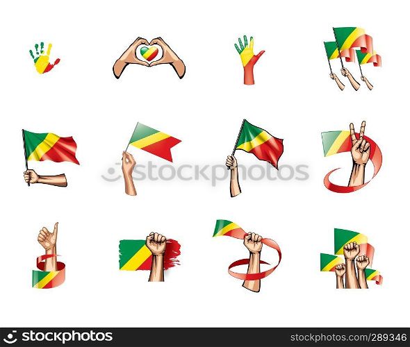 Congo flag and hand on white background. Vector illustration.. Congo flag and hand on white background. Vector illustration