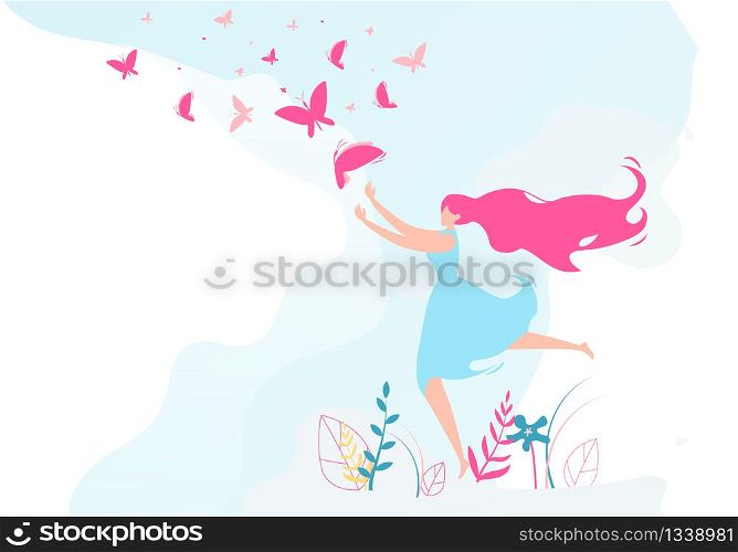 Congratulations on Happy Women&rsquo;s Day Flat Cartoon Vector Illustration. Beautiful Girl Catching Butterfly with Wings in Pink Color. Fairytale Character Running on Grass with Different Leaves.