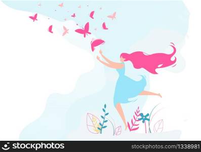 Congratulations on Happy Women&rsquo;s Day Flat Cartoon Vector Illustration. Beautiful Girl Catching Butterfly with Wings in Pink Color. Fairytale Character Running on Grass with Different Leaves.