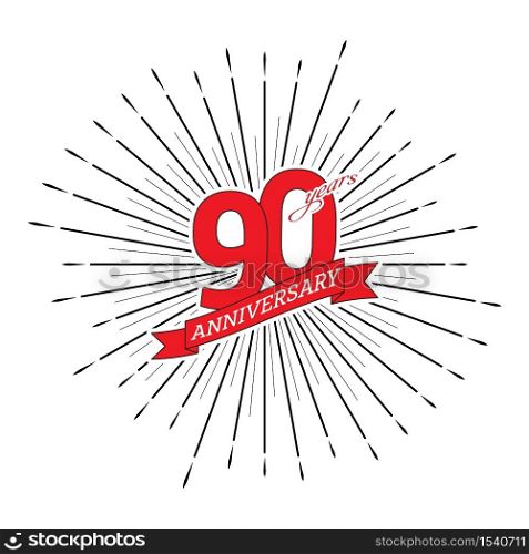 Congratulations on the 90 years anniversary. Editable vector illustration. The number 90 on the background of a salute with a congratulatory red ribbon