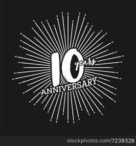 Congratulations on the tenth anniversary. Editable vector illustration. Number 10 on the background of fireworks