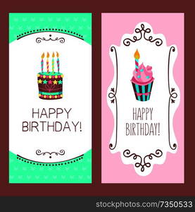 Congratulations on your birthday. Beautiful cute cakes and candlelight cakes. Hand drawn frames. Vector illustration.