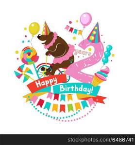 Congratulations on your birthday. Invitation to a festive party.. Congratulations on your birthday. Invitation to a festive party. 2 years from the date of birth. Bright colorful clipart. Vector illustration.