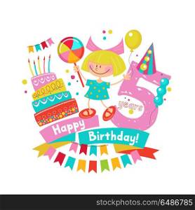 Congratulations on your birthday. Invitation to a festive party.. Congratulations on your birthday. Invitation to a festive party. 5 years from the date of birth. Bright colorful clipart. Vector illustration.