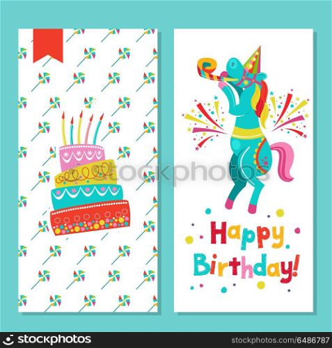 Congratulations on your birthday. Invitation to a festive party.. Congratulations on your birthday. Invitation to a festive party. Funny circus horse and a birthday cake. Bright colorful clipart. Vector illustration.