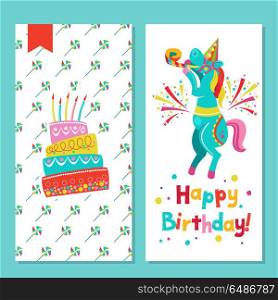 Congratulations on your birthday. Invitation to a festive party.. Congratulations on your birthday. Invitation to a festive party. Funny circus horse and a birthday cake. Bright colorful clipart. Vector illustration.