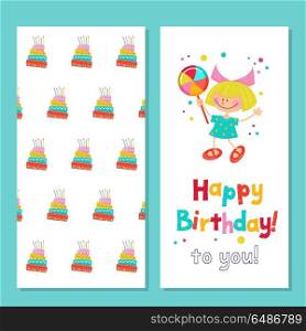 Congratulations on your birthday. Invitation to a festive party.. Congratulations on your birthday. Invitation to a festive party. Funny girl with candy. Background with a beautiful birthday cake. Bright colorful clipart. Vector illustration.