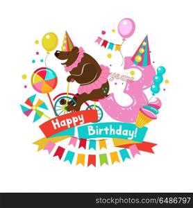 Congratulations on your birthday. Invitation to a festive party.. Congratulations on your birthday. Invitation to a festive party. 3 years from the date of birth. Bright colorful clipart. Vector illustration.