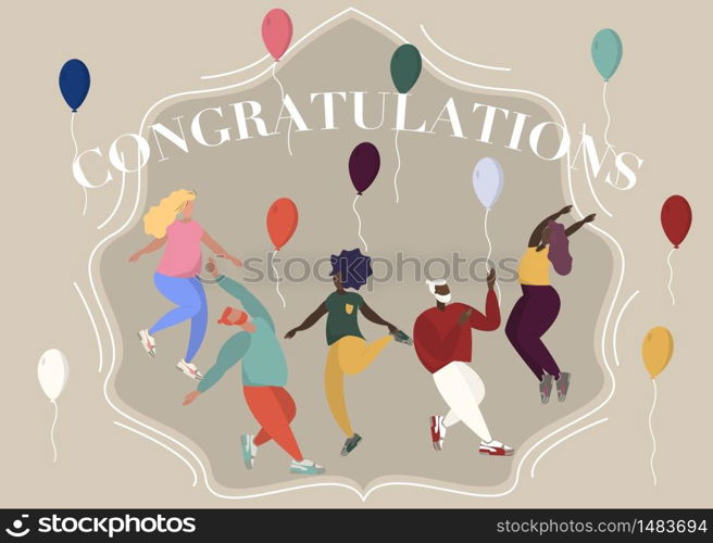 Congratulations postcard. People jumping and dancing at party illustration. Simple flat woman man character vector cartoon style. Person festive scene celebration cute picture clip art graphic element