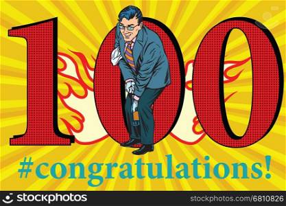 Congratulations to the 100 anniversary event celebration. Happy man opens a bottle of champagne. Vintage pop art retro vector illustration. Congratulations 100 anniversary event celebration