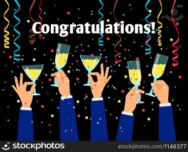 Congratulations vector poster with hands holding drinking glasses and serpentine on dark background. Hands holding glasses congratulations poster