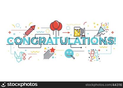 Congratulations word for celebration concept, word lettering design illustration with line icons and ornaments in blue theme