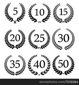 Congratulatory laurel wreaths symbols for anniversary or jubilee greeting card, invitation design usage with numbers from 5 to 50 in the center. Anniversary and jubilee laurel wreaths icons