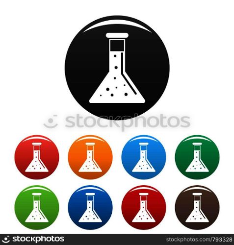 Conic chemical pot icons set 9 color vector isolated on white for any design. Conic chemical pot icons set color