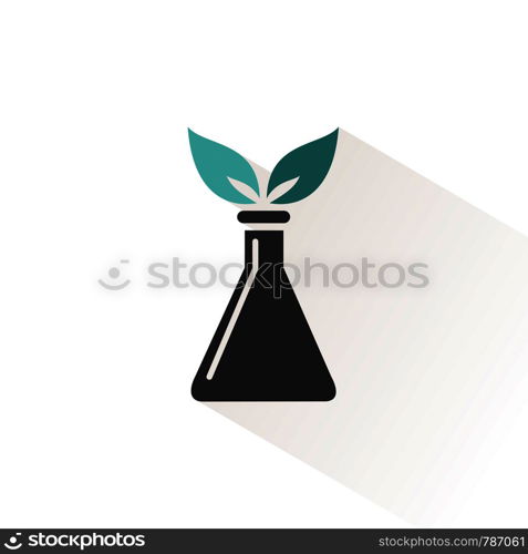 Conical flask icon with two leaves. Erlenmeyer laboratory instrument. Isolated vector illustration