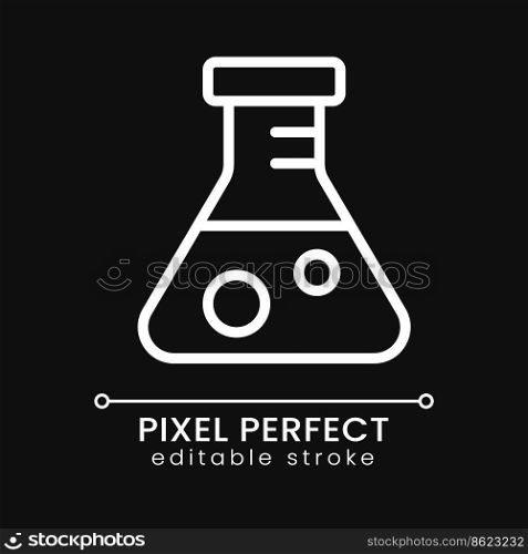 Conical flask pixel perfect white linear icon for dark theme. Scientific experiment. Chemical reaction. Thin line illustration. Isolated symbol for night mode. Editable stroke. Poppins font used. Conical flask pixel perfect white linear icon for dark theme