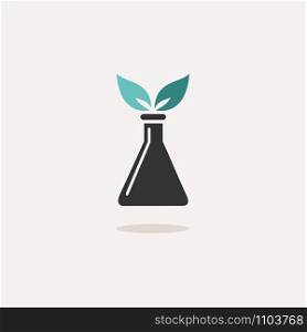 Conical flask with plant. Icon with shadow on a beige background. Chemistry flat vector illustration