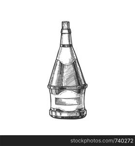 Conical Hand Drawn Blank Bottle Of Wine Vector. Ink Design Sketch Modern Bottle Of Grape Alcoholic Liquid. Concept Monochrome Black And White Mockup Glass Container Template Cartoon Illustration. Conical Hand Drawn Blank Bottle Of Wine Vector