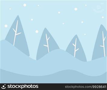 Conifer forest with snowy hills and peaks, wintertime nature. View of pine trees with snowfall blizzard. Cold weather and freezing temperature in juniper woods. Winter season. Vector in flat style. Pine tree winter landscape with snowy hills vector