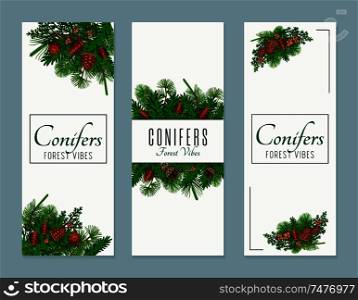 Conifer vertical banners set with forest vibes symbols flat isolated vector illustration