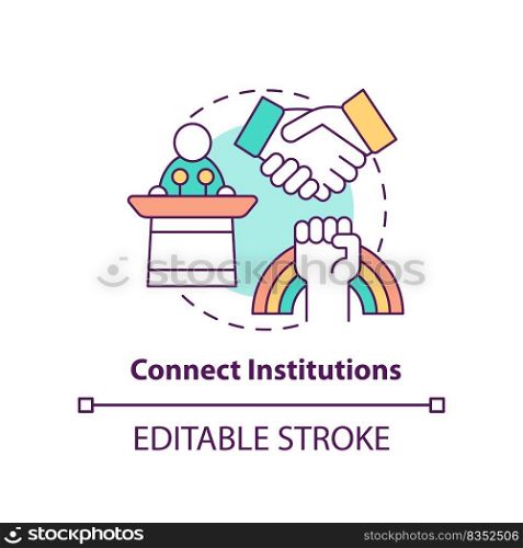 Connect institutions concept icon. Social organizations. State support abstract idea thin line illustration. Isolated outline drawing. Editable stroke. Arial, Myriad Pro-Bold fonts used. Connect institutions concept icon