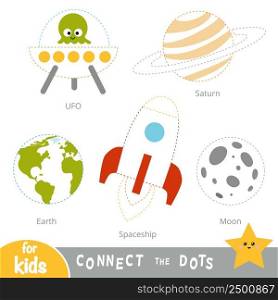 Connect the dots, education game for children. A set of space objects - Earth, Moon, Spaceship, Saturn, UFO