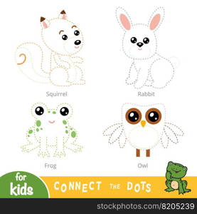 Connect the dots, education game for children. Forest animals set - Rabbit, Frog, Owl, Squirrel
