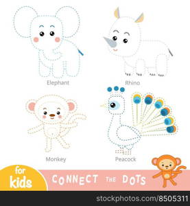 Connect the dots, education game for children. Safari animals set - Elephant, Rhino, Monkey, Peacock