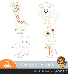 Connect the dots, education game for children. Safari animals set - Giraffe, Lion, Hippo, Parrot