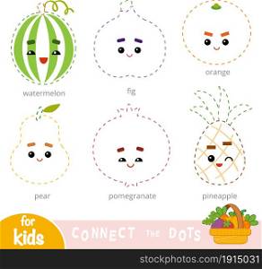Connect the dots, education game for children. Set of cartoon fruits - Orange, Pear, Pineapple, Pomegranate, Watermelon, Figs
