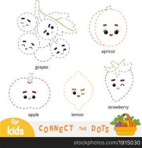 Connect the dots, education game for children. Set of cartoon fruits and berries - Lemon, Strawberry, Grapes, Apricot, Apple