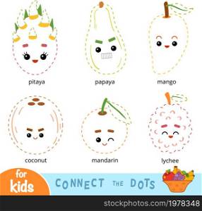 Connect the dots, education game for children. Set of cartoon fruits and nuts - Coconut, Dragon fruit, Papaya, Mango, Lychee, Mandarin