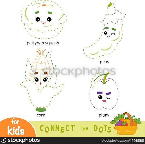Connect the dots, education game for children. Set of cartoon fruits and vegetables - Peas, Corn, Pattypan squash, Plum