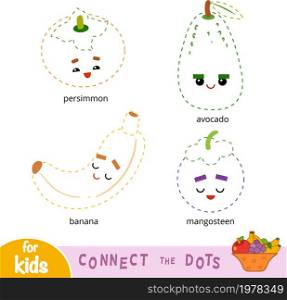 Connect the dots, education game for children. Set of cartoon fruits - Banana, Persimmon, Avocado, Mangosteen