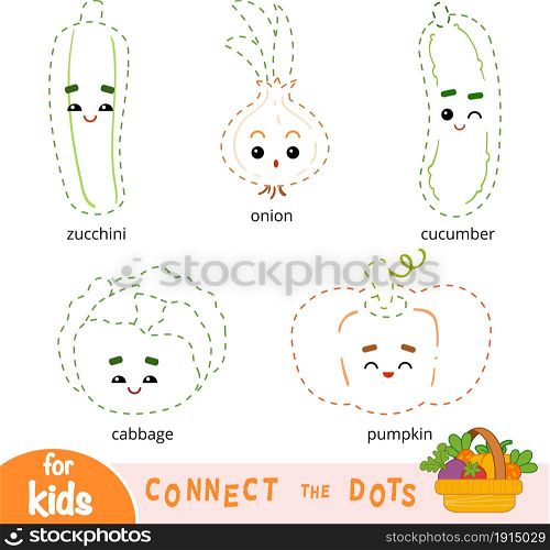 Connect the dots, education game for children. Set of cartoon vegetables - Pumpkin, Cucumber, Onion, Zucchini, Cabbage