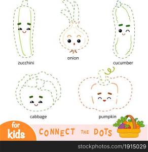 Connect the dots, education game for children. Set of cartoon vegetables - Pumpkin, Cucumber, Onion, Zucchini, Cabbage