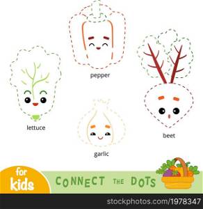 Connect the dots, education game for children. Set of cartoon vegetables - pepper, beet, garlic, lettuce