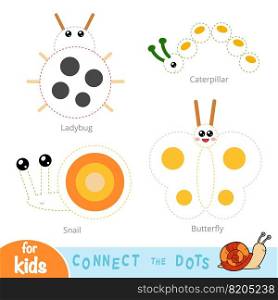 Connect the dots, education game for children. Set of insects - Caterpillar, Butterfly, Snail, Ladybug