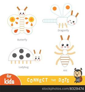 Connect the dots, education game for children. Set of insects - Ladybug, Butterfly, Dragonfly, Ant