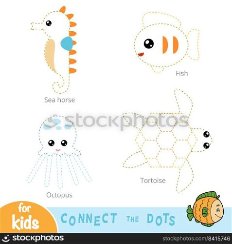 Connect the dots, education game for children. Set of sea animals - Octopus, Tortoise, Fish, Sea horse